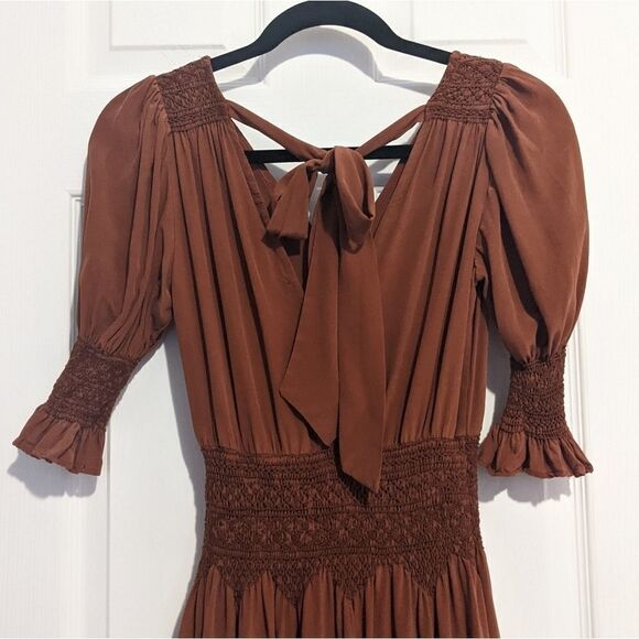 Love Sam Blixen Smocked Dress Cognac Silk Boho - Picture 4 of 12